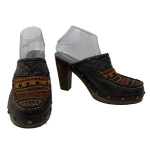 Vintage HotKiss Denim Fabric Wooden‎ Heel Clog Mule. Ariel Brown Womens Size 9